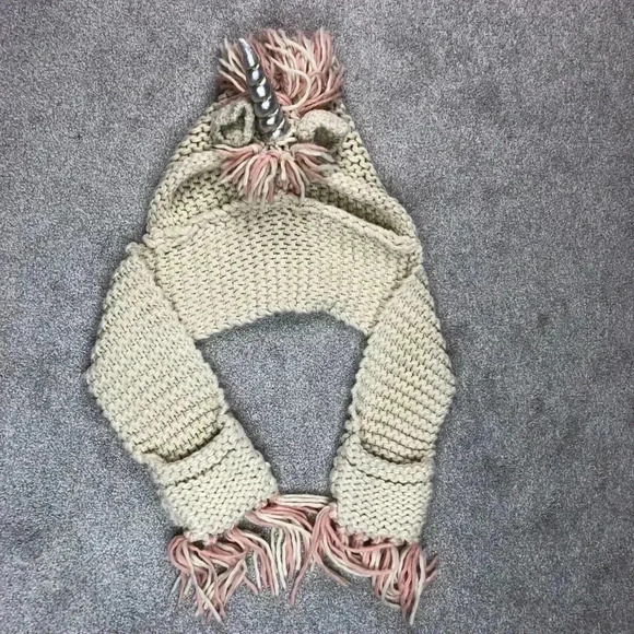 Unicorn Knit Hat Scarf Pockets Gloves Ivory Pink Silver Handmade Adult - Picture 6 of 9